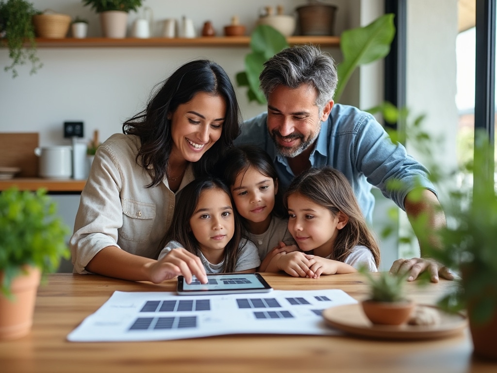 Familia aprendiendo sobre tecnologías sostenibles en el hogar
