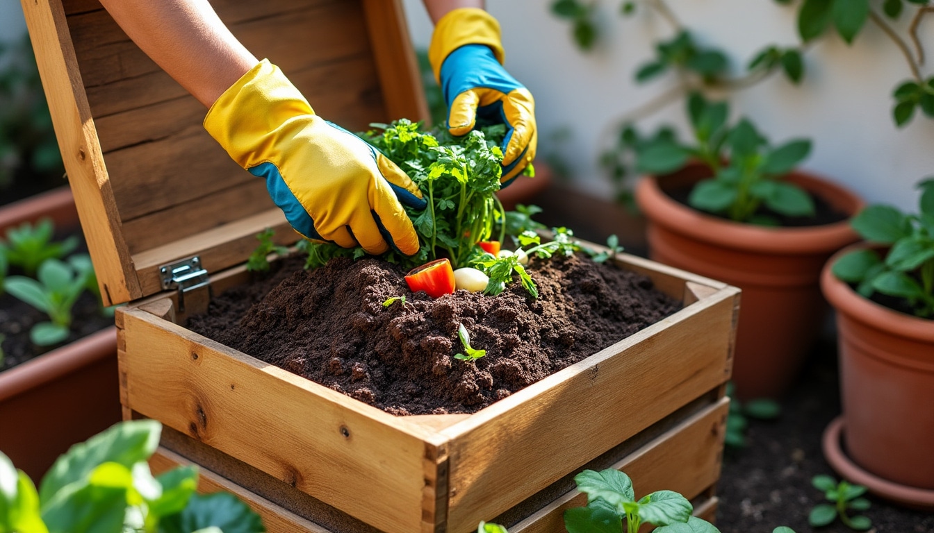 Compostera doméstica en jardín con residuos orgánicos